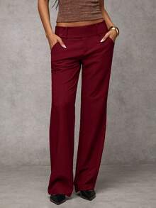 SHEIN BAE 女士时尚百搭纯色低腰裤 - 酒紅色 - 查看 5