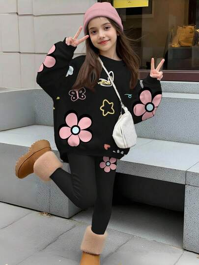 SHEIN Leap Crew 2pcs Tween Girls Casual Floral & Cartoon Character Print Crew Neck Long Sleeve Sweatshirt And Leggings Set, Suitable For Autumn/Winter