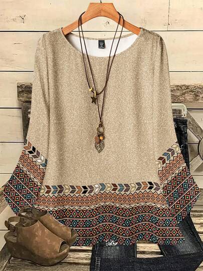 EMERY ROSE Tricou damă mărime mare, casual, cu imprimeu integral, guler rotund, lejer, mânecă 3/4, toamnă/iarnă