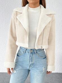 SHEIN PETITE 秋冬装泰迪熊内衬拉链卡其色机车夹克 - 杏色 - 查看 8