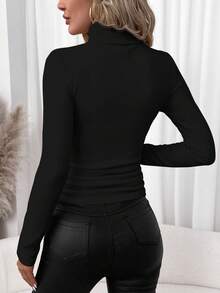SHEIN Clasi 95%纯棉女士休闲高领修身长袖T恤，饰有手绘爱心图案，优雅经典，适合秋冬季节，百搭实用，秋季女士休闲印花T恤 - 黑色 - 查看 4