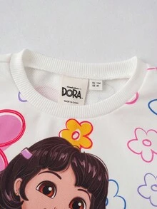 DORA | SHEIN 2pcs/Set Young Girl Cute Graphic Print Cartoon Figure Graphic Crew Neck Long Sleeve Sweatshirt & Letter Graphic Flared Casual Outdoor Pants Suit - White - View 7