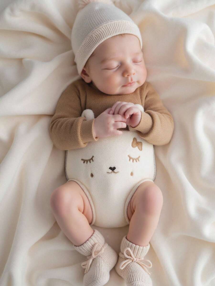 SHEIN 新生儿柔软毛绒兔子连体衣,棕白色,3D兔耳朵,可爱蝴蝶结装饰,亲肤面料,舒适连体衣 - 杏色 - 查看 1