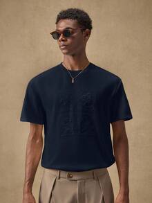 AKNOTIC 男士休闲刺绣宽松圆领T恤 - 藏蓝色 - 查看 4