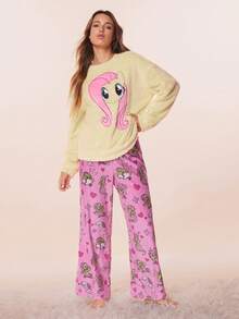 My Little Pony X SHEIN Women's Autumn/Winter Horse Embroidery Drop Shoulder Top And Pants Pajama Set Cute Pajama Pajamas For Women Kawaii Pajamas Cartoon Pajamas Women - Multicolor - View 1