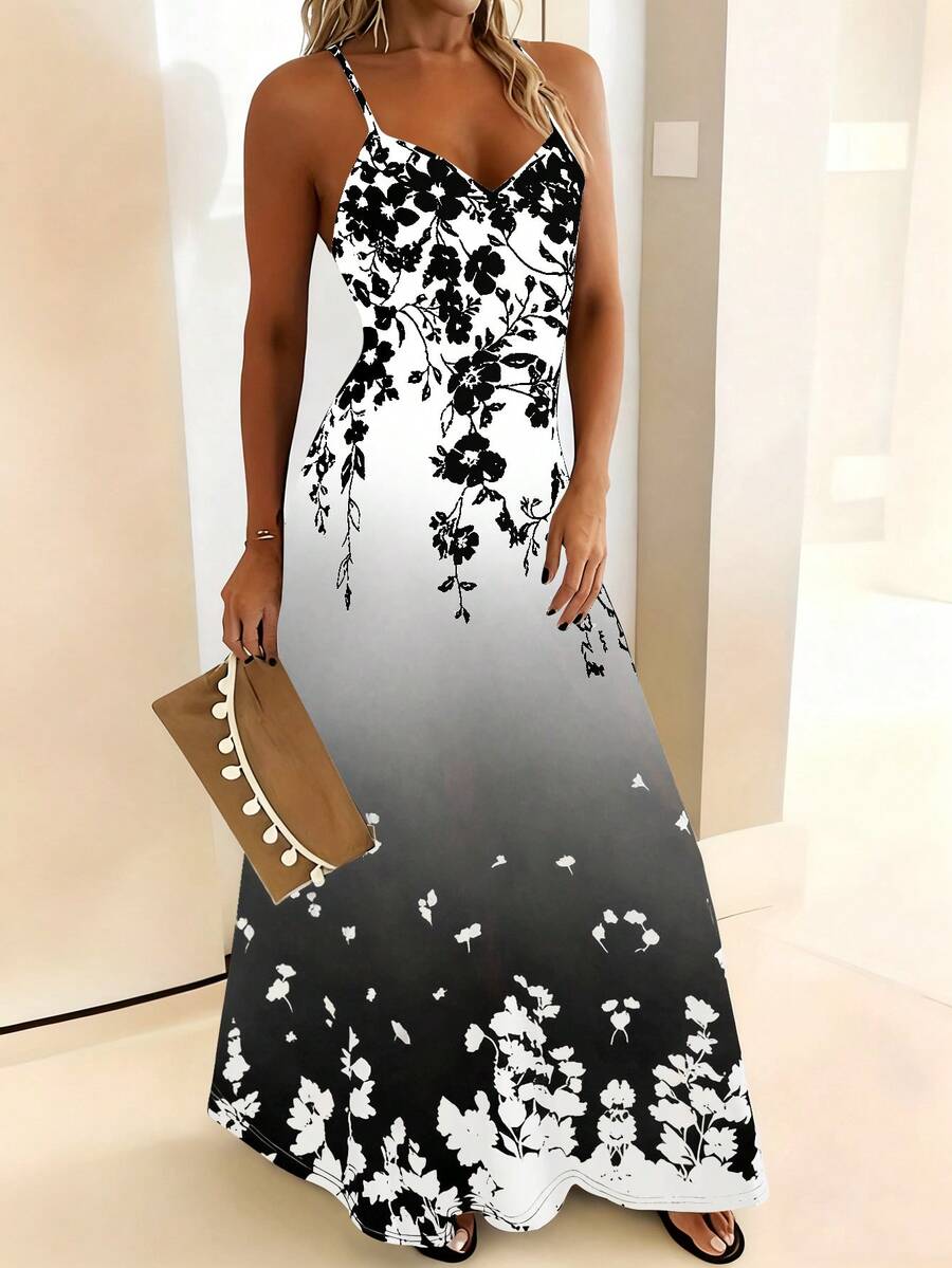 SHEIN Clasi Summer Elegant Floral Print Ombre Slip Dress For Women - Black and White - View 1