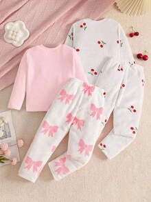 SHEIN Playful Pals Conjunto de 4 piezas de pijama informal y cómodo de franela con pantalón largo y manga larga con diseño minimalista de nubes y corazones en color rosa para niñas jóvenes