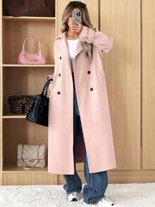SHEIN EZwear 女款珊瑚粉立领双排扣休闲毛呢大衣，秋冬 - 珊瑚粉 - 查看 1