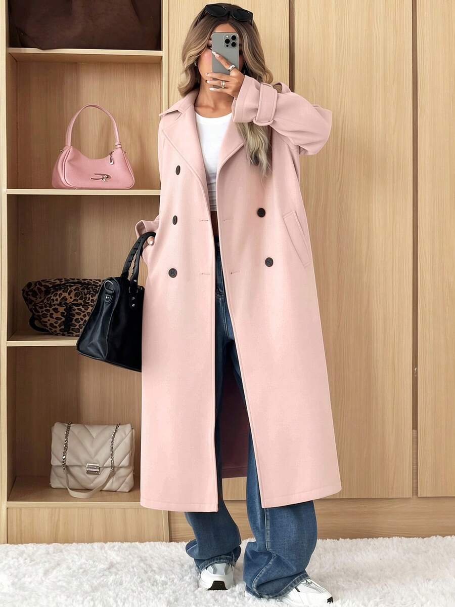 SHEIN EZwear 女款珊瑚粉立领双排扣休闲毛呢大衣,秋冬 - 珊瑚粉 - 查看 1
