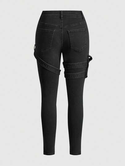 Goth Punk Style High Stretch Skinny Jeans With 3D Pockets For Women