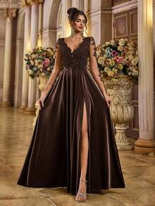 Aureia 优雅深色蕾丝拼接透视V领长袖贴花撞色高开衩长款晚礼服，情人节必备 - 咖啡棕 - 查看 5