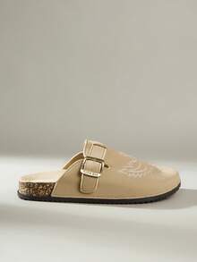 Solecia 纯色刺绣，金属扣装饰，按扣闭合，厚底舒适，软木底，厚底凉鞋，适合户外、通勤、休闲、日常穿着 - 卡其色 - 查看 1