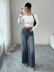 DAZY 女士休闲水洗水钻装饰阔腿牛仔裤，秋季款