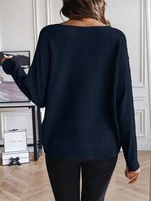 SHEIN LUNE 休闲百搭纯色蝙蝠袖女式毛衣 - 藏蓝色 - 查看 2