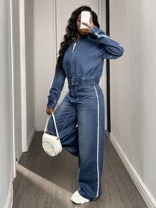 DAZY 女士休闲牛仔外套和阔腿牛仔裤套装，Y2K 秋季款 - 藍色 - 查看 2