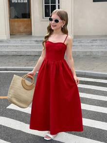 Girlism Tween Girl Spaghetti Strap A-Line Fashion Dress - Red - View 3