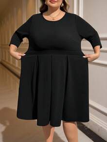 SHEIN CURVE+ 加大码纯色黑色束腰连衣裙，适合春夏秋冬优雅办公室派对、新年女士连衣裙 - 黑色 - 查看 6