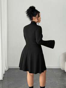 Elenzga 大码女装秋冬新款高领弹力针织修身优雅纯色连衣裙 - 黑色 - 查看 2