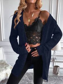 EMERY ROSE Women's Navy V-Neck Simple Fashionable Versatile Floral Knit Cardigan - Navy Blue - View 4