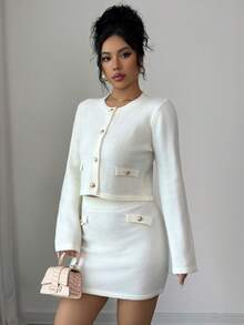 Selianne Elegant Solid Color Cardigan & Knit Skirt Suit, Suitable For Commuting - White - View 5