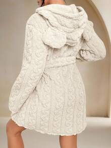 Anewsta Bata con capucha de punto color albaricoque de longitud muslo con mangas regulares y cinturón para ropa de dormir cómoda, para otoño e invierno