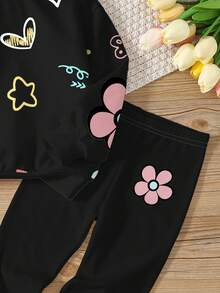 SHEIN Leap Crew 2pcs Tween Girls Casual Floral & Cartoon Character Print Crew Neck Long Sleeve Sweatshirt And Leggings Set, Suitable For Autumn/Winter - Multicolor - View 5