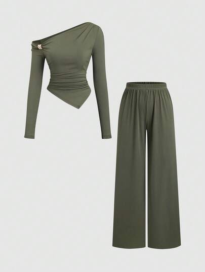 Sweetra Women's New Autumn/Winter All-Match Versatile 2-Piece Set, Metal DecorAsymmetricalr Off-Shoulder Long Sleeve Top & Casual Straight Wide-Leg Pants Suit