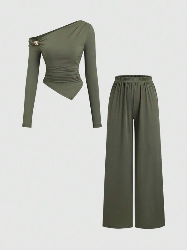 Sweetra 女士新款秋冬百搭百搭两件套，金属装饰不对称露肩长袖上衣和休闲直筒阔腿裤套装