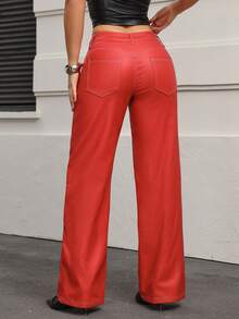 SHEIN Unity Women's Solid Color Low-Waist Straight Leg Pants, Suitable For Commuting - Red - View 2