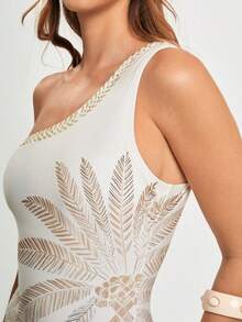 CAJUNI x Carol Peixinho Women's Summer Vacation Palm Tree Print Fashionable One-Piece Swimsuit,Elegant Women's Beach Swimsuit,Beach Outfit For Women - Apricot - View 7