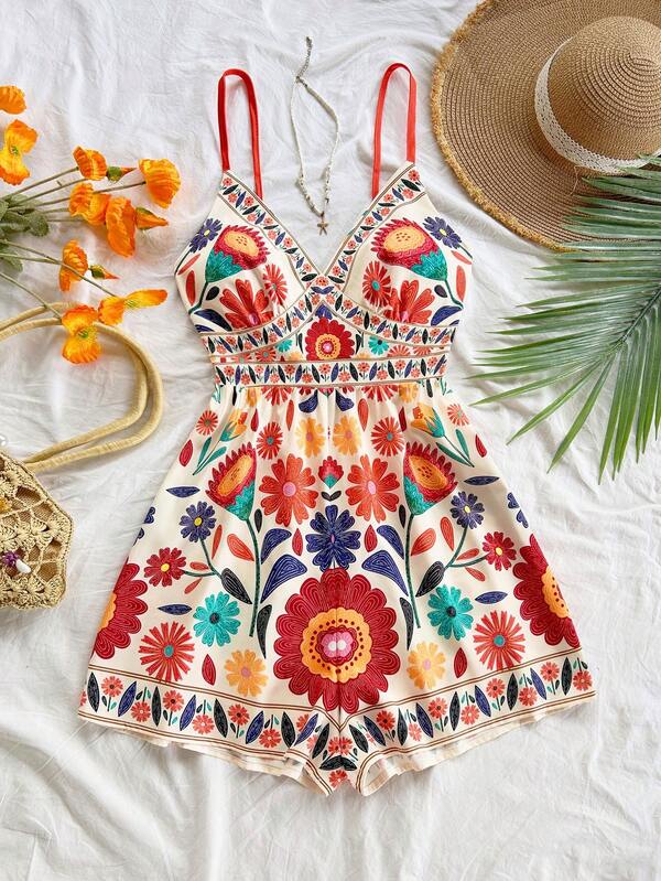 Soleia Women's Colorful Tropical Print Sleeveless Jumpsuit,One Shoulderr, Metal Decor, Suitable For Brunch, Summer, Mother's Day, Graduation, Church, Beach, Music Festival, Airport, Afternoon Tea, Autumn/Winter