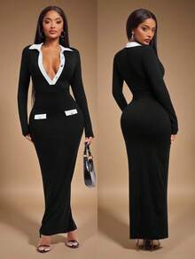 Radiana Rochie lungă de damă, cu mânecă lungă, în contrast cu alb-negru, potrivită pentru purtare zilnică, întâlniri casual, întâlniri, birou, naveta, maieu de toamnă/iarnă