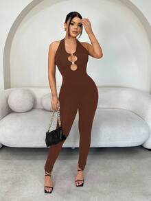SHEIN SXY Women's Solid Color Minimalist Casual Halter Jumpsuit, Brown, For Daily/Commute Wear Brown Bodysuit Brown Jumpsuit Brown Dress Women Brown Body Suit Hollow Out Dress Brown Sexy Dress - Chocolate Brown - View 4