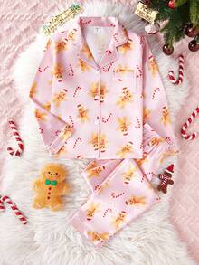 2pcs/Set Cute & Sweet Gingerbread Print Long Sleeve Cardigan And Pants, Comfortable Casual Loungewear For Tween Girls Girls Christmas Pajamas Kids Christmas Pajamas Fall Winter - Pink - View 5