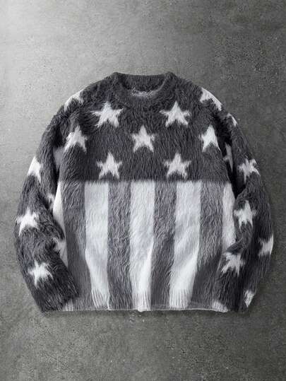 Men's Casual Crew Neck American Flag Jacquard Long Sleeve Sweater, Autumn/Winter