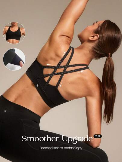 GLOWMODE FeatherFit™ 交叉露背圆领可拆卸胸垫运动文胸，适合低强度瑜伽、普拉提、健身房及日常休闲穿着