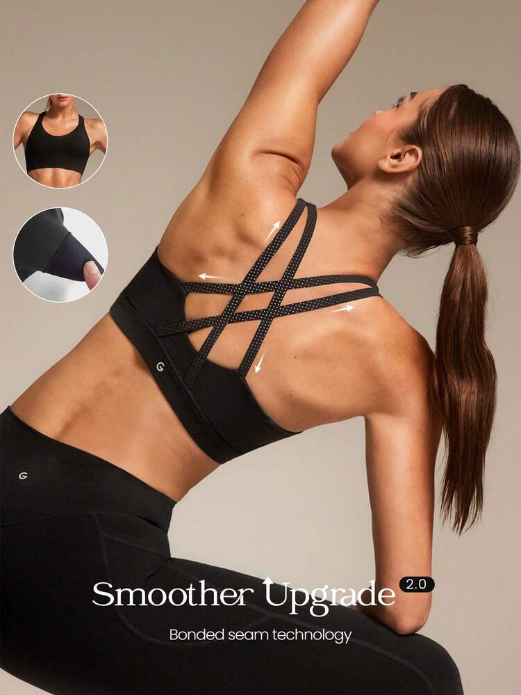 FeatherFit™ Crisscross Back Scoop Neck Removable Cups Active Bra Low Impact Yoga Pilates Studio Daily Casual Wear