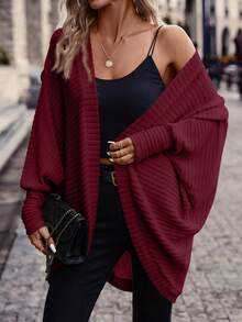 SHEIN Frenchy Women's Casual Solid Color Ribbed Batwing Sleeve Jacket, Autumn Winter Christmas Red,Fall,Fall Clothes For Women Spring Valentine's Day - Red - View 6