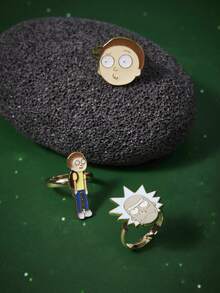 Rick and Morty X SHEIN 1套卡通人物设计戒指 - 金黃色 - 查看 2