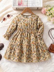Emery Rose Kids Emery Rose Kids 女嬰復古花卉拼接度假風荷葉邊梭織洋裝，寬鬆版型荷葉袖，可愛休閒日常秋季長版娃娃裙波希米亞風 - 彩色 - 查看 3