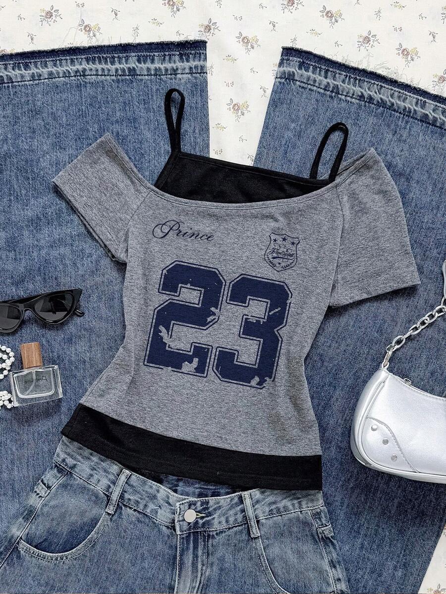 Attitoon 女式休闲复古朋克 Y2K 运动数字徽章印花不对称肩带二合一灰色撞色短袖 T 恤，舒适 - 彩色 - 查看 1