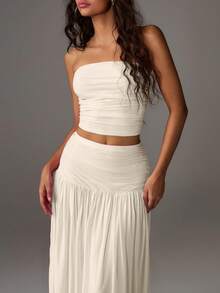 SHEIN Unity 女士网纱纯色时尚露脐抹胸上衣和长裙两件套 - 杏色 - 查看 6