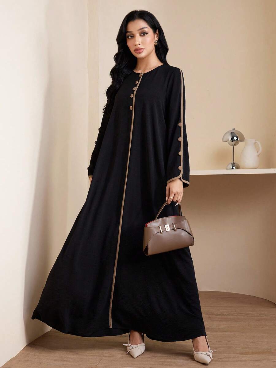 Veilorie Women's Casual Arabic Style Long Sleeve Round Neck Button Design Dress - Multicolor - View 1