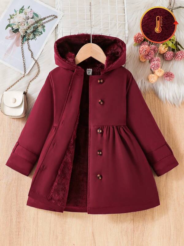 SHEIN Abrigo de moda con capucha y doble botonadura, forrado de felpa, color caqui, adecuado para uso casual diario de niña joven