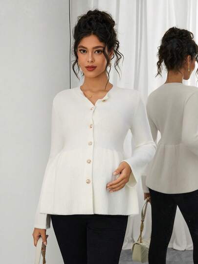 SHEIN Maternity Solid Color Drop Shoulder Long Sleeve Front Button Ruffle Hem Knit Cardigan
