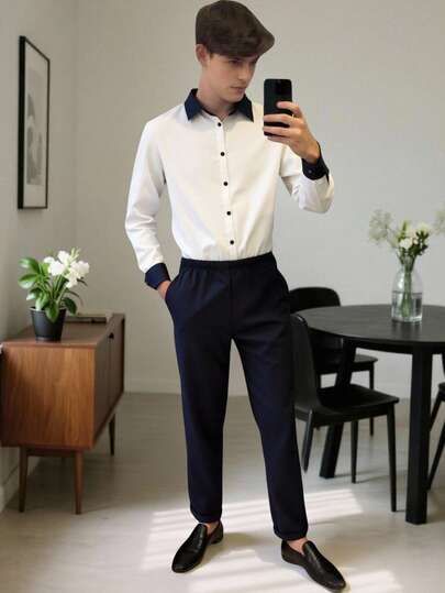 SHEIN 2pcs/Set Teen Boy Gentleman Outfit - White Collared Shirt + Navy Blue Trousers, Gentleman Suit Set, Business Elegant, School, Birthday Party, Casual Wear