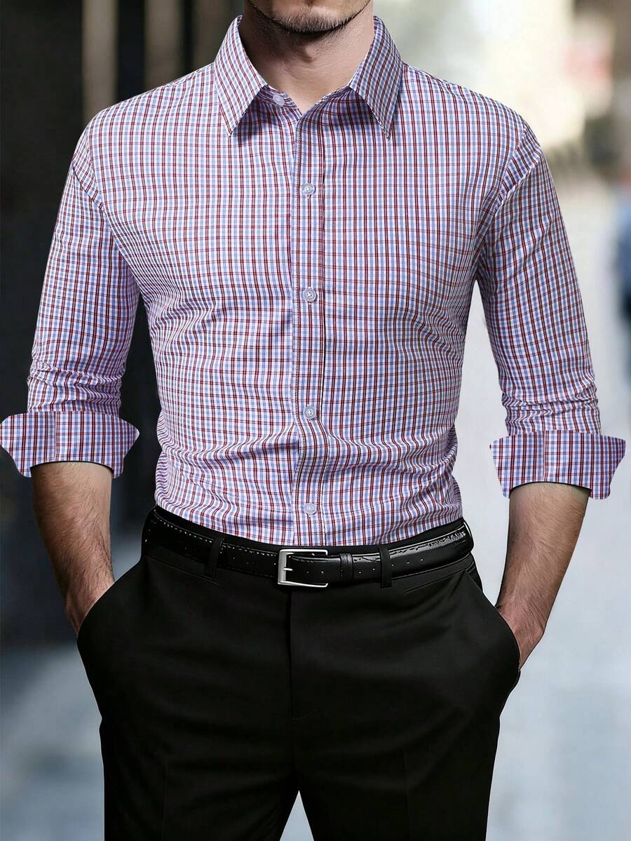 Manfinity Mode 男士休闲通勤格子长袖衬衫，秋季 - 彩色 - 查看 1