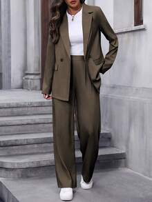 EMERY ROSE Women's Solid Color Blazer And Pants Suit, Formal Commuter Outfit Women Suit Women Suits Blazer Set For Women Business Casual Woman Two Pieces Outfits - Chocolate Brown - View 1