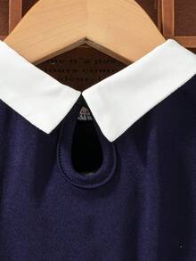 Đầm bé gái tay bồng cổ Peter Pan màu tương phản dễ thương, thích hợp cho các buổi đi chơi và tiệc tùng - Màu xanh hải quân - Xem 5