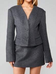 MISSGUIDED Collarless Wool Blazer For Professional Business Office Workwear Formal Corporate Attire - Grey - View 5